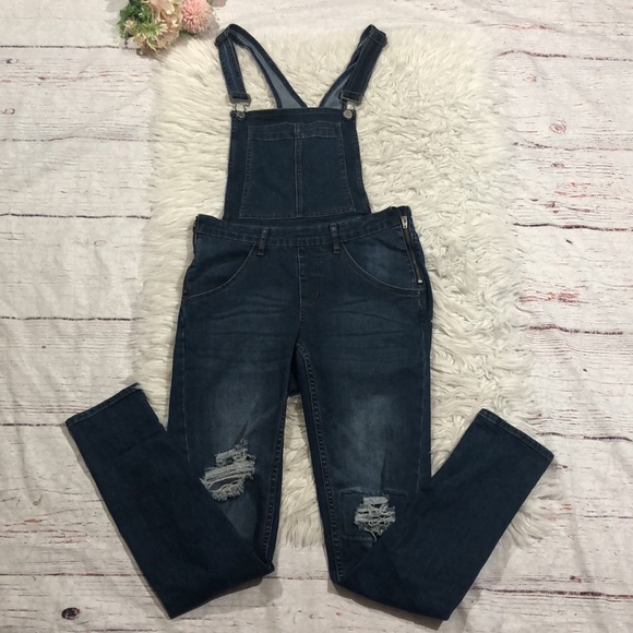 Cheap Monday Distressed Knee Dungaree Carbon Blue Denim Overalls - Picture 2 of 16
